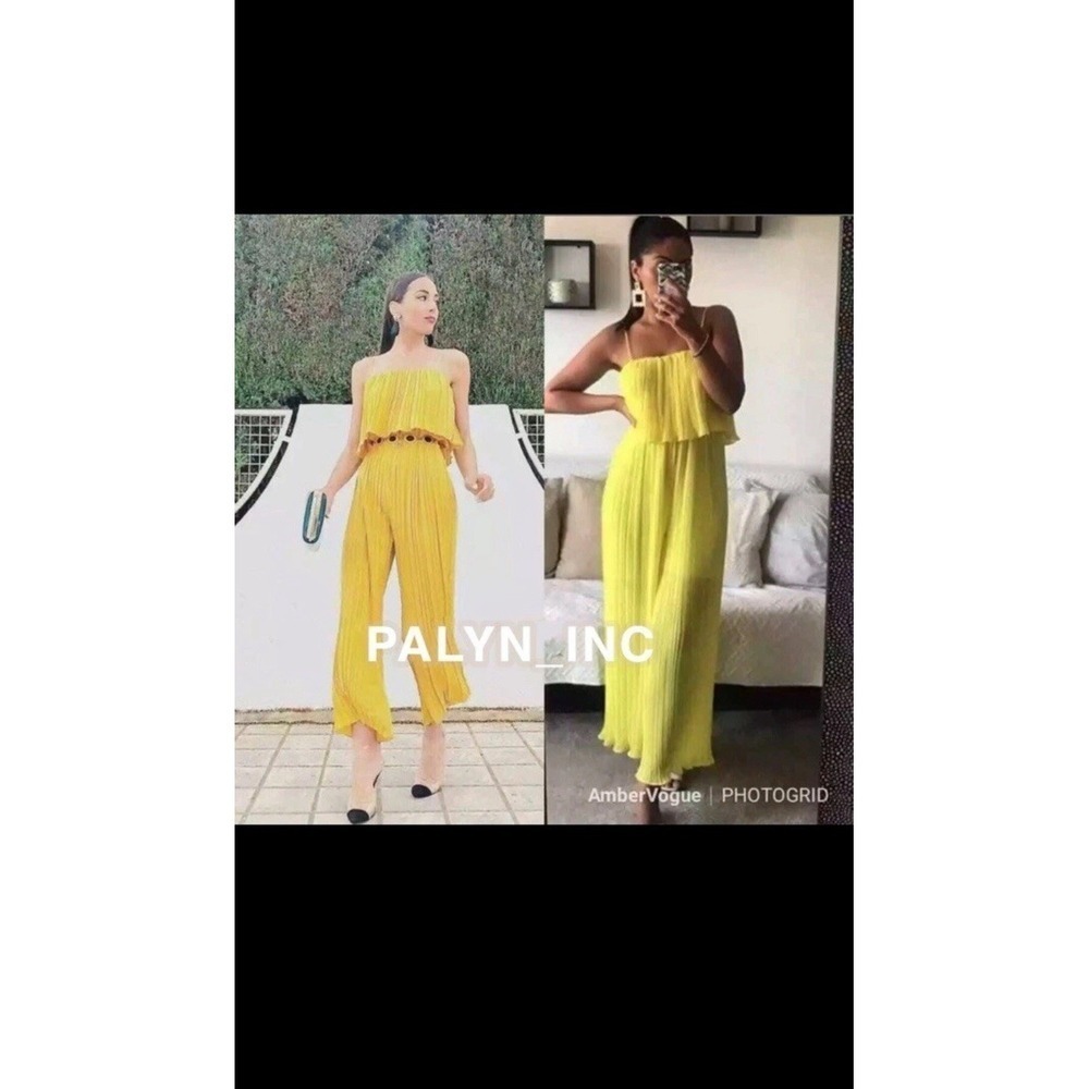 ZARA Women YELLOW PLEATED JUMPSUIT WITH STRAPS Size XS